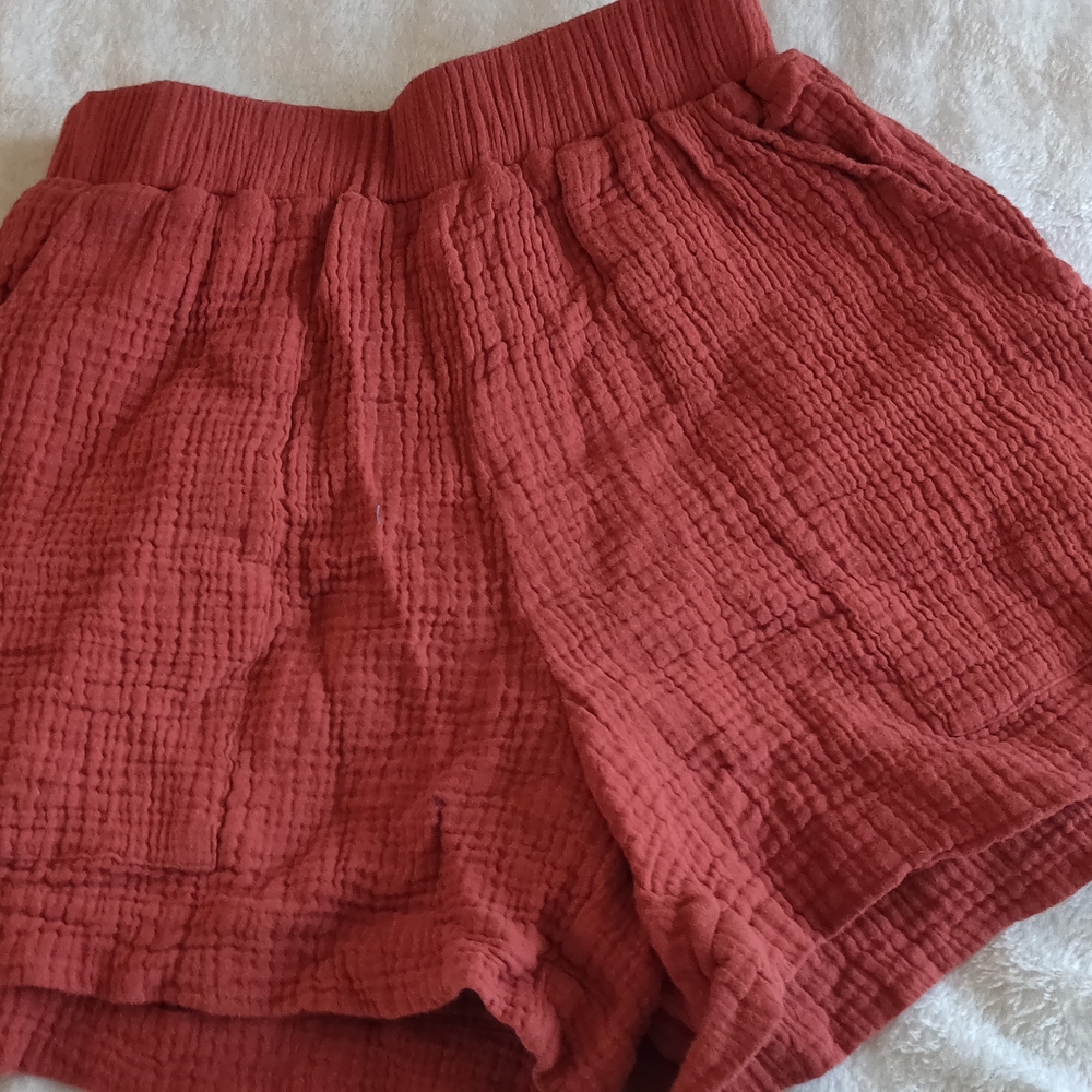 High Waist Textured Brick Red Shorts